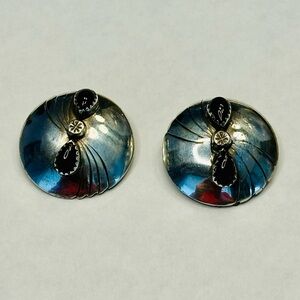 Vintage Navajo Sterling Silver Black Onyx Disc Clip Earrings